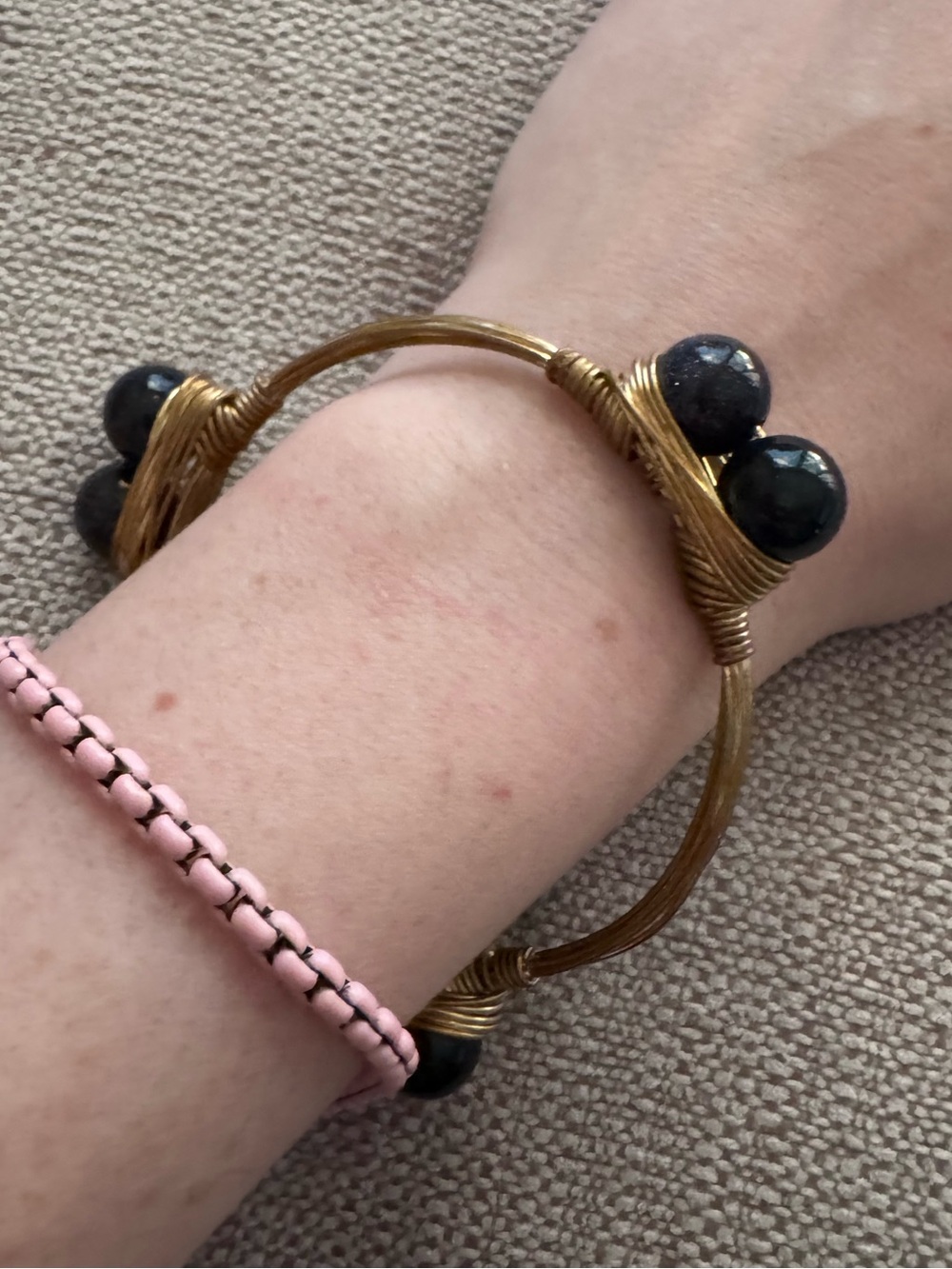Gold Wire Bangle with Black Stone Accent - Women Jewelry